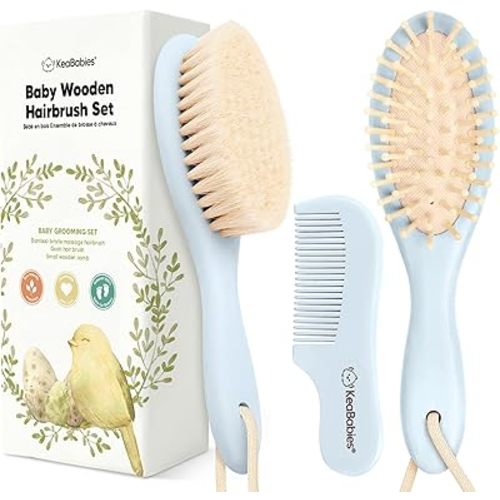 Baby Hair Brush and Comb Set for Newborn - Wooden Baby Hair Brush Set with Soft Goat Bristle, Baby Brush Set for Newborns, Baby Brush and Comb Set Girl, Boy, Toddler Cradle Cap Brush (Oval, Frost)