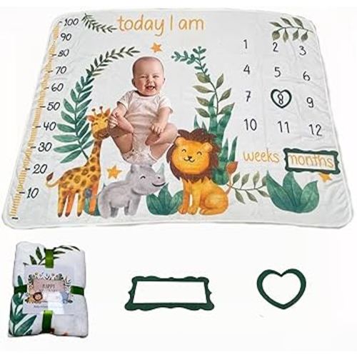 Jungle Joy Adorable Animals Baby Monthly Milestone Blanket - Personalized Newborn Growth Chart - Soft Flannel Fleece Photography Background - Perfect Baby Age Blanket 51" X 40"