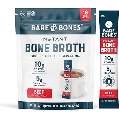 Bare Bones Beef Bone Broth Instant Powdered Mix | Rich Savory Packets on-the-Go No Artificial Flavors | 100% Grass Fed Keto & Paleo Friendly | 10g Protein | 16 Pack