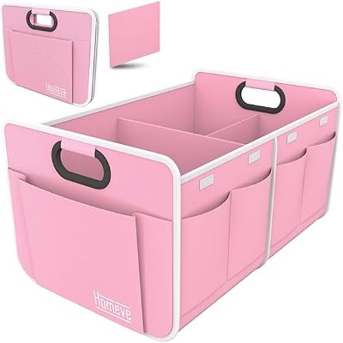 Homeve Car Trunk Organizer, Car Storage, Reinforced Handles, Collapsible Multi-Compartment Car Organizers (Pink, 2 Compart)