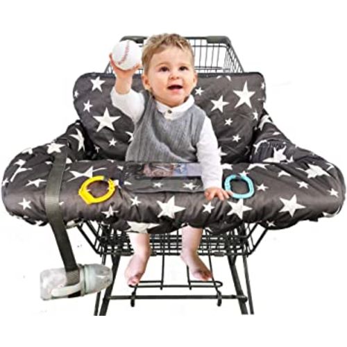 Shopping Cart Cover for Baby, Cotton Sitting Area with Bottle Strap & Cell Phone Holder Toddler 2-in-1 High Chair Cover Summer Grocery Cart Cushion for Boy or Girl, Star Print