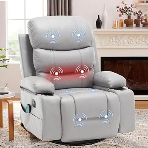 KCQ Massage Swivel Rocker Recliner Chairs with Heat Cup Holders Overstuffed Faux Leather Manual Rocking Recliner Grey Lounge Chair for Living Room