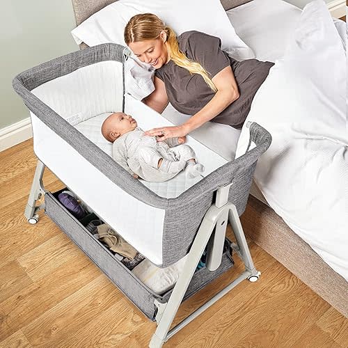 Cowiewie Bassinet Bedside Sleeper, Baby Bassinet with Adjustable Height & Angle XL Storage Bag & Breathable Mesh Bedside Bassinets for Baby, C-Section Friendly (Light Gray)
