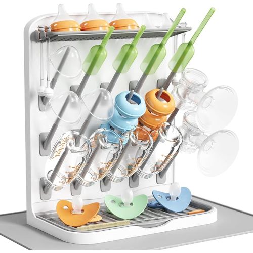 Lifewit Large Baby Bottle Drying Rack with Drain Mat, 15 Hooks Vertical Rack Dryer with Removable Pacifiers Box, Drip Tray, Space Saving Countertop Holder Organizer for Weighted Straws, Pump Parts