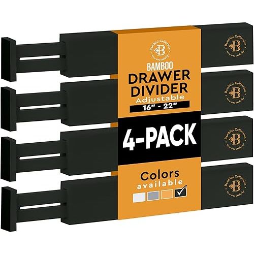 4 Pack Drawer Dividers Bamboo 2.6" High, 16-22" Adjustable Drawer Organizers for Clothes, Expandable Dresser Separators in Bedroom/Bathroom/Kitchen/Office Organization and Storage (Black)