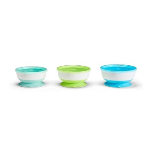 Munchkin 3pc 2.5 Plastic Cup Stay Put Suction Baby Bowls with Lids - Blue/Green