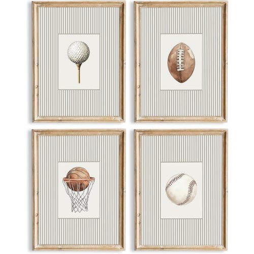 Sports Wall Art Decor Toddler Boys Room Canvas Prints Vintage Sports Nursery Wall Decor Kids Poster Football Baseball Pictures Basketball Golf Painting Artwork for Bedroom 8x10 Inch Unframed Set of 4
