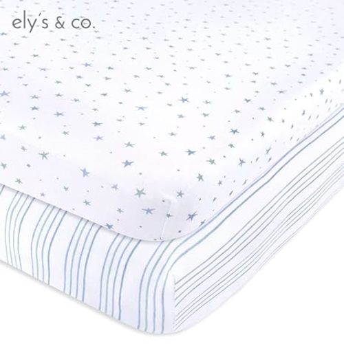 Pack and Play Sheet 2 Pack - Pack and Play Sheets Fitted with 100% Jersey Cotton - Pack N Play Mattress Sheets for Boys and Girls, Newborn Essentials (Blue Stars & Stripes) - Playard