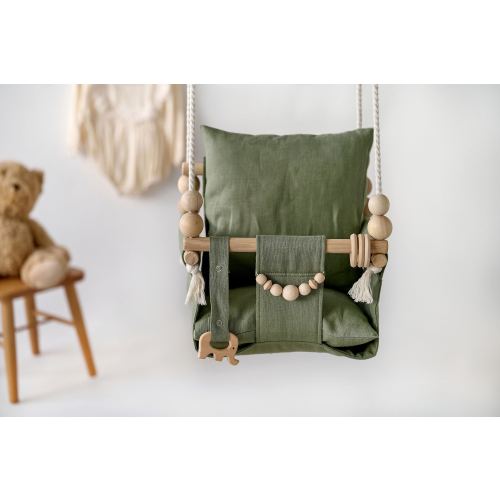 Green Outdoor Garden Baby Swing Schaukel Balançoire with playing beads Garden Swing, Gift For Baby, Wood Swing, Swing with pillow