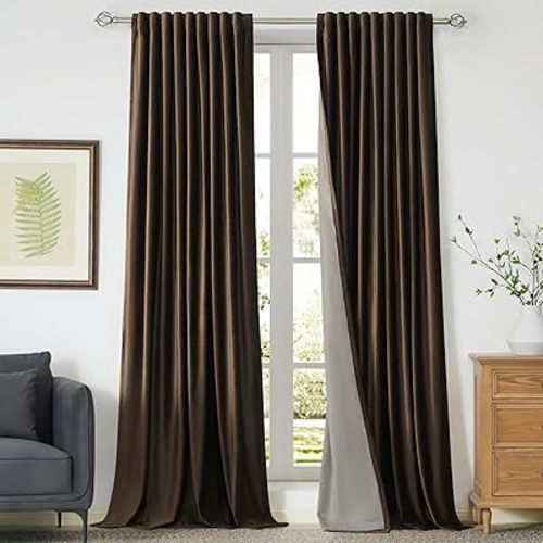 PRIMROSE 100% Full Blackout Brown Velvet Curtains 96 inch Long for Living Room,Set of 2 Liner Rod Pocket Back Tab Thermal Window Curtains Room Darkening Heavy Decorative Curtains Drapes for Bedroom