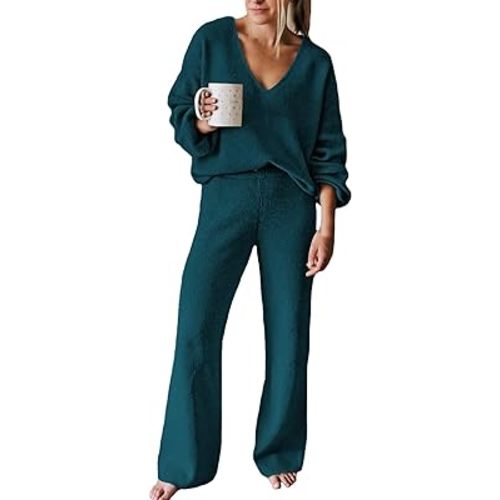 Viottiset Women's 2 Piece Outfits Casual V Neck Knit Wide Leg Sweater Lounge Set Sweatsuit