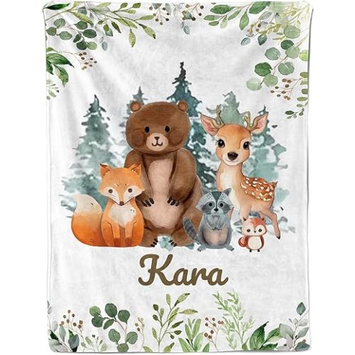 Ship Next Day, Personalized Receiving Baby Blankets for Boys, Custom Woodland Baby Boy Gifts Blanket with Name, Newborn Swaddle Toddler Blanket, Customized Blankets for Kids Christmas Birthday Gifts