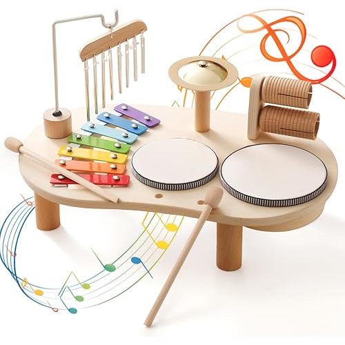 Promise Babe Wooden Musical Instruments for Toddlers 1-3, Percussion Instruments for Kids Baby Drum Set Xylophone, Montessori Educational Musical Toys, Gifts for Girls Boys Ages 3+
