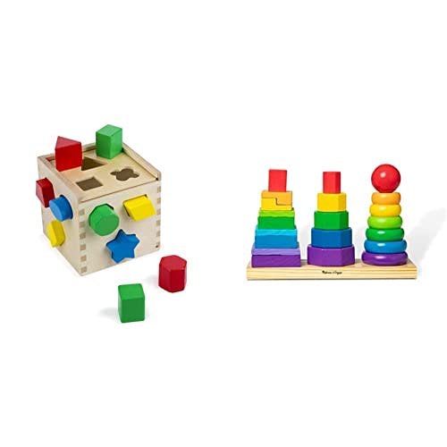 Melissa & Doug Geometric Stacker - Wooden Educational Toy & Shape Sorting Cube - Classic Wooden Toy with 12 Shapes