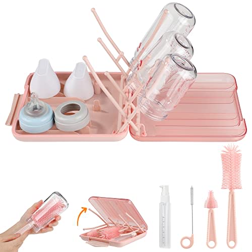 YomauiYee Baby Bottle Brush Set-6 in 1 Bottle Brush Cleaner with Silicone Bottle Brush,Drying Rack,Nipple Brush,Straw Brush,Soap Dispenser&Storage Box-Baby Essentials Gifts for Home&Travel(Pink)