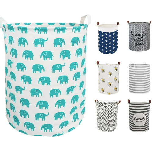 Furrygo Large Laundry Basket, Waterproof Canvas Laundry Hamper, Collapsible Storage Basket Bin for Kids Room, Toy Organizer, Nursery Hamper, Clothes Hamper, Green Elephant