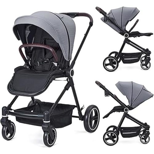 2-in-1 Pushchair Reversible Infant seat, Bassinet with one-Hand Folding Convenience Pushchair with Recliner and Extra-Large Canopy - Light Grey