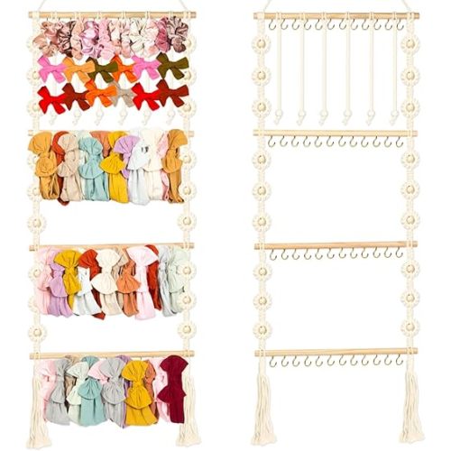 Headband Holder - Bow Holder for Baby Girl – Macrame Bow Organizer for Baby Girl w/ 48 Metal Hooks, 6 Slings & Wooden Bead – Space Saving Baby Bow Organizer – Ideal Baby Bow Holder for Expecting Moms