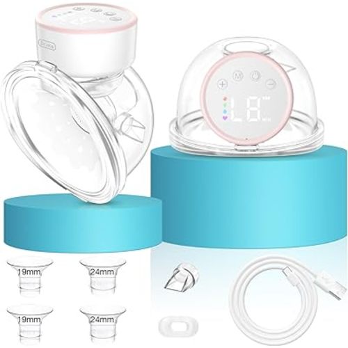 Hands Free Breast Pump - Portable Wearable Electric Breastfeeding Pump, Double-Sealed Flange, Painless & Silent, 4 Modes 48 Levels Memory Function, 19mm 24mm 27mm Flanges, EB29 Pink, 2 Pack