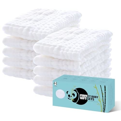 HIPHOP PANDA 10 Pack 6-Layers Muslin Burp Cloths Large - Durable 100% Cotton - Baby Essentials Extra Absorbent and Soft Boys & Girls Rags for Newborn Registry (White, 20" X10")