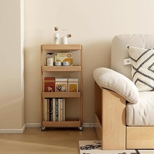 100% Solid Oak Art Storage Cart, 4-Tier Rolling Utility Cart with Wheels, Multifunctional Storage Trolley Shelving Unit on Wheels for Living Room Kitchen(Natural, 7.87"D x 15.75"W x 31.89"H)