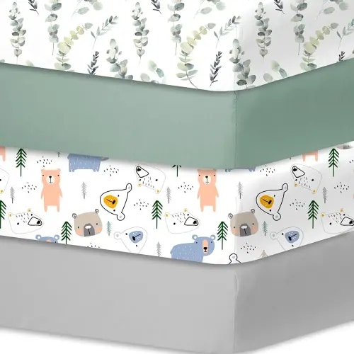 bimocosy Fitted Crib Sheets for Boys Girls 4 Pack, Size 28"x 52" for Standard Crib and Toddler Mattresses, Super Soft Breathable Microfiber Baby Crib Mattress Sheet, Leaf/Bear/Gray/Green