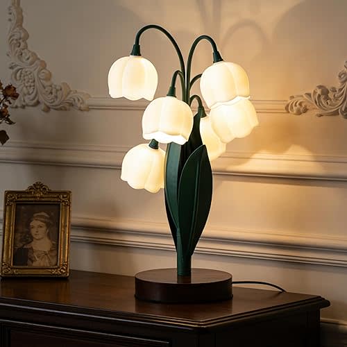 Flower Lamp,Bedside Vintage Table Lamps,6 Lily of The Valley Night Lights,3 Colors Modes Kawaii Aesthetic Lighting,Cute Desk Lamp for Bedroom,Living Room, Office Home Decor(Dark Green)