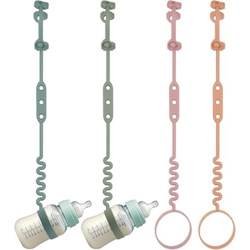 Baby Bottle and Sippy Cup Straps - Adjustable Straps Attach with Strollers, High Chair, Shopping Cart - Food Grade Silicone - Dishwasher Safe (Color 4)