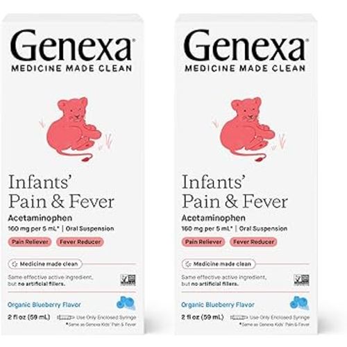 Genexa Infants’ Pain and Fever Reducer | Baby Acetaminophen, Dye Free, Liquid Oral Suspension Medicine for Infant | Delicious Organic Blueberry Flavor | 160 mg per 5mL | 4 Fluid Ounces (2 Pack)