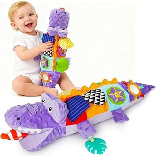 Baby Toys 0-12 Months,Infant Tummy Time Toys with Teether, Multi-Sensory Crinkle Paper & Rattle and Textures,Soft Crocodile Stuffed Animal Toys for Newborn Boys Girls
