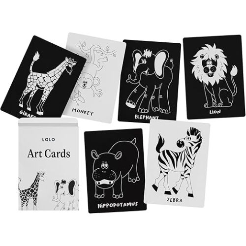 Lalo Art Cards - Set of 6 High Contrast Baby Cards for Infants - Black and White Newborn Visual Stimulation Cards for Brain Development, Tummy Time - Safari Animals