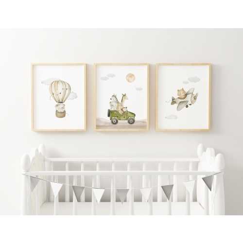 Safari Transportation Nursery art Printed Watercolor safari art airplane nursery hot air balloon nursery high archival paper Set of 3 ST1-A3