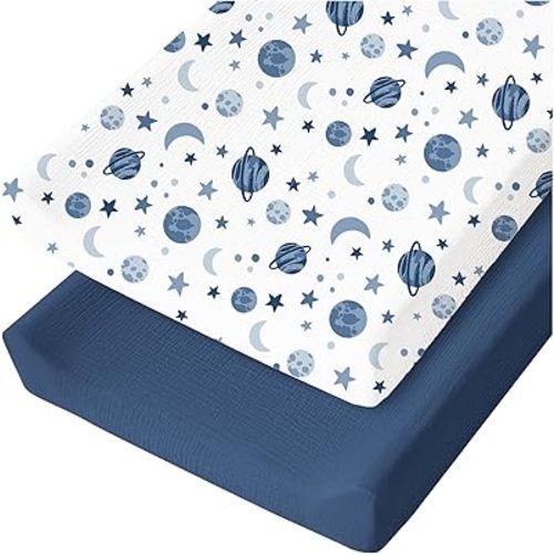 Konssy Muslin Changing Pad Cover for Baby Girls Boys, 100% Cotton Fitted Diaper Chang Table Covers, Soft Breathable Changing Pad Sheets, 2 Pack (Planet,Navy)
