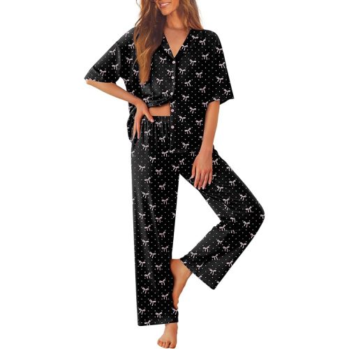 Ekouaer Women Pajamas Set Button Down Sleepwear Short Sleeve Pjs Soft Comfy Nightwear with Long Pants,Black Pink Bow,L
