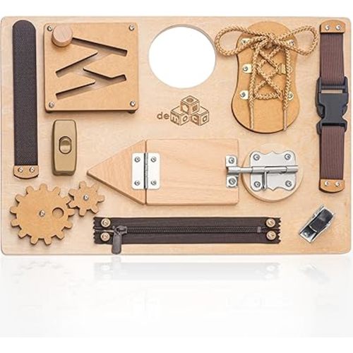 Montessori Busy Board for Toddlers, Premium Wooden Toddler Busy Board for 1 2 3 Year Old with 10 Educational Activities for Fine Motor Skills, Sensory Activity Toy for Travel, Gift for Boys & Girls