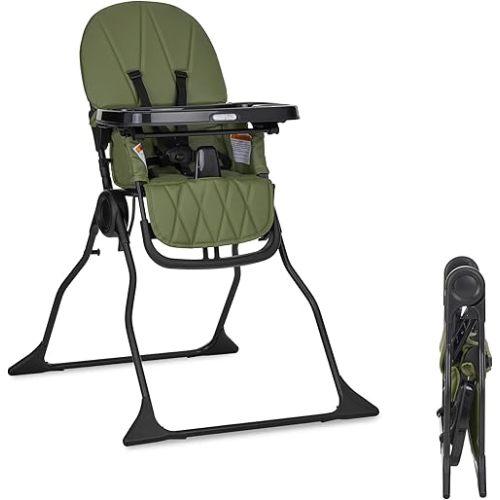 Dream On Me Snack and Stow Baby High Chair in Olive - Easy to Fold and Store, Portable Travel Chair With Removable and Three Position Adjustable Tray