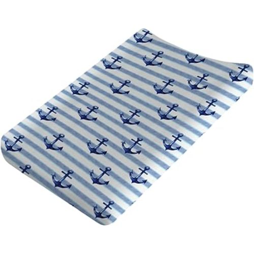 Navy Nautical Life Changing Pad Covers Watercolor Anchors Stripes Baby Nursery Diaper Changing Pad Table Sheets for Boy Girl Marine Ocean Soft Breathable Stretchy Changing Table Mats Covers 32''x16''
