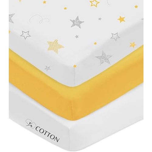 American Baby Company 3 Pack 100% Natural Cotton Fitted Mini Crib Sheets 38" x 24" - Soft Breathable Small Nesting Portable Sheets, Fits Pack N Play Mattress, Yellow Star/Yellow/White, for Boy & Girl