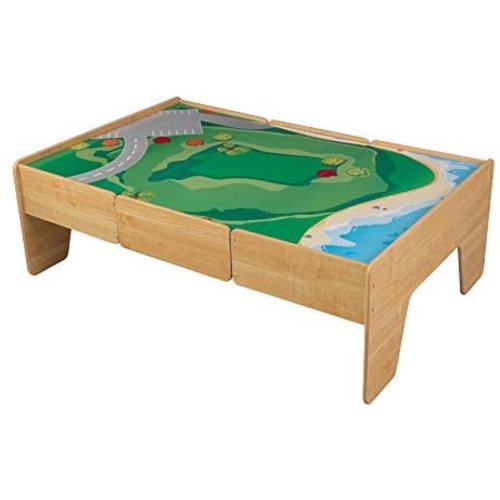 KidKraft Double-Sided Wooden Train and Activity Table with Built-In Storage Drawer, Natural ,Gift for Ages 3+