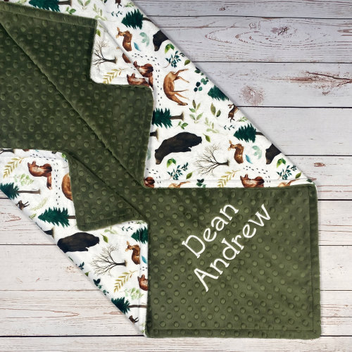 Forest Animal Baby Blanket with Personalization, Woodland Baby Blanket with Name, Newborn Baby Boy Gift, Woodland Minky Blanket for Toddler