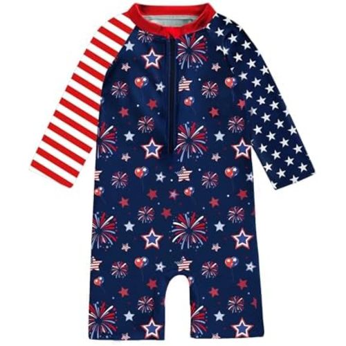 Baby Boy 4th of July Swimsuit - Infant American Flag Swimwear Long Sleeve Rash Guard One Piece Zipper Bathing Suit