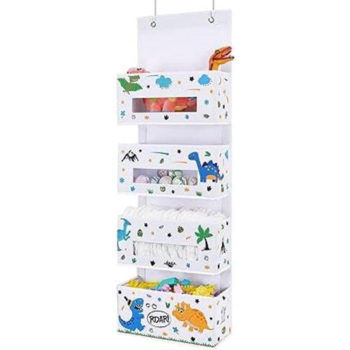 WERNNSAI Dinosaur Over Door Hanging Organizer - Behind Door Storage with 4 Clear Window Pockets for Baby Boys Room Organization Toy Diaper Closet Pantry Bedroom Bathroom Nursery Decor