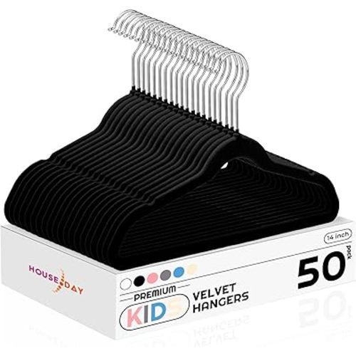 HOUSE DAY 14 Inch Kids Velvet Hangers 50 Pack, Durable Big Kids Hangers for Youth, Non Slip Kids Felt Hangers, Cute Childrens Hangers for Closet, Teen Hangers, Black