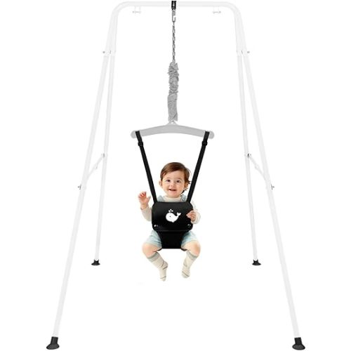 Baby Jumper with Stand, Baby Jumpers and Bouncers for Indoor & Outdoor Play, Swing Set with Stand for 6-24 Months Infant & Toddler Leaning to Walk, Easy to Assemble & Store (White)