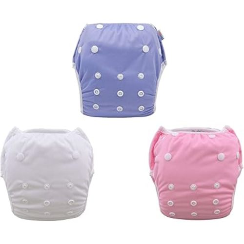 ALVABABY Swim Diapers 3pcs Reuseable Washable & Adjustable for Swimming Lesson & 0-2 Years Purple White Pink 3SWB17