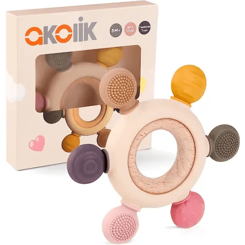 akolik Teething Toys for Babies, Baby Teethers Toy Teething Ring Silicone, Grasping Teething Toy, BPA Free Teething Newborn Accessories for Baby 0 3 6 9 12 18 Months (Pink)