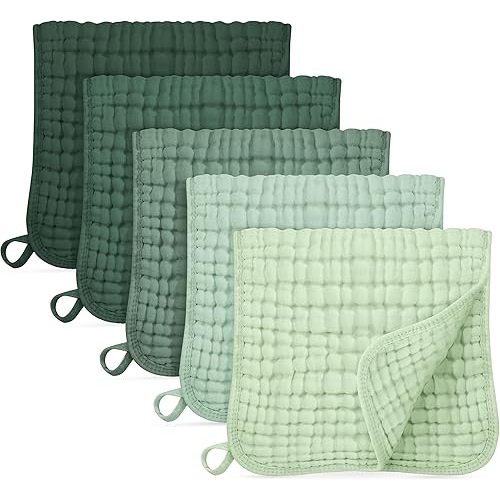 Muslin Burp Cloths for Baby 100% Cotton Burping Cloths for Boys Girls Large 20"X10" Extra Soft and Absorbent 5 Pack - Gradient Green