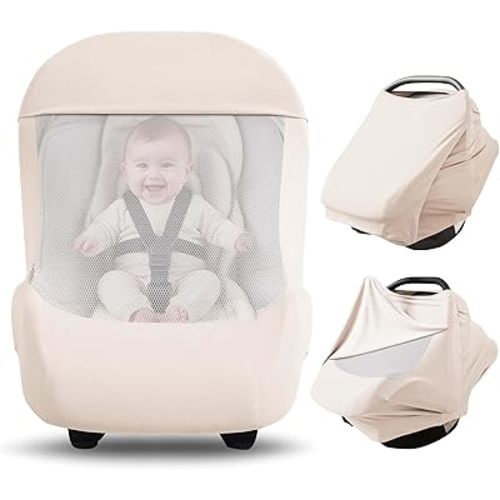 Konssy Baby Car Seat Cover with Breathable Mesh Window, Stretchy Windproof and Sunshade Canopy for Infant Car Seats, Boys and Girls