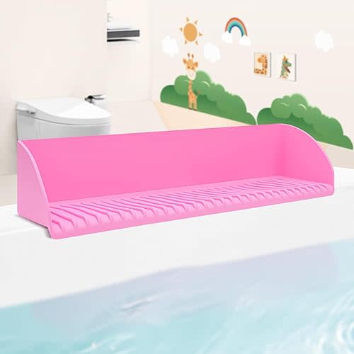 Tub Splash Guard for Kids, Silicone Water Splash Guard for Bathtub, Bathtub Play Shelf with 4 Suction Cups, Extended Design for Splash Protection, Mess Free Bath Time (Pink)