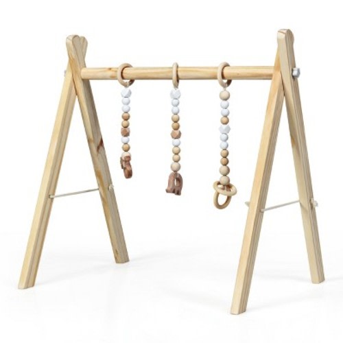 Costway Foldable Wooden Baby Gym with 3 Wooden Teething Toys Hanging Bar Natural